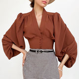 New French V-Neck Women's Shirt In Autumn 2025 Court Style Lantern Sleeves Long-Sleeved Shirt 68HZ