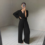 Autumn/Winter 2025 New Long-Sleeved Lap Folding Shirt Women's Broad-Legged Drag Feeling Wrinkled Trouser Set Solid Color 68HZ