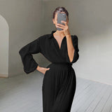 Autumn/Winter 2025 New Long-Sleeved Lap Folding Shirt Women's Broad-Legged Drag Feeling Wrinkled Trouser Set Solid Color 68HZ
