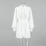 Spring 2025 New Cotton Straight Collar Lantern Sleeve Fashion Lotus Leaf Side White Dress With Short Skirt 68HZ