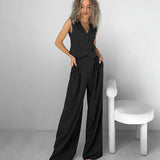 Sexy Temperament Wide Shoulder Strap V-Neck Sleeveless Vest Mid-Sleeves Wide-Footed Trousers Two-Set Autumn Casual Suit 68HZ