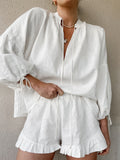 Fashion Cotton Hemp Solid Color Loose V-Neck Lantern Sleeve Shorts Two Sets Of Summer Sexy Tie High-Waisted Suit 68HZ