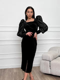 Black Sexy Temperament Collar Bubble Sleeve Knitting Korean Straight-Up Dress Stylish Dress 68HZ