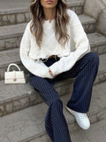 Tibetan Blue Retro Striped Casual Broad-Footed Trousers 2025 New Autumn Fashion Pantyhose Women 68HZ