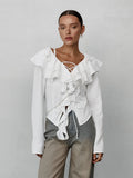 Autumn New Fashion White Cunt Casual Lotus Side Sexy Temperament With Long-Sleeved Ladies Shirt 68HZ