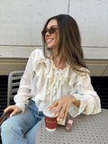 Summer Languid Rice-Colored Round Collar Loose Sexy Lace With Lotus Leaf Blouse French Commuting Simple Shirt Woman 68HZ