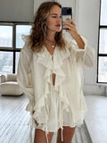 French V-Neck Loose Lotus Leaf-Side Shirt Hot Pants Set 2025 Spring New Fashion Two-Piece Set 68HZ