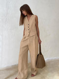 Fashion Solid Cotton Commuting V Collar Vest Trousers Two Sets Of Summer Casual Suit Women 68HZ