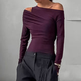 Hottie Slanted Shoulders Hollow Long-Sleeved Irregular T-Shirt Autumn Women's High-End Pure Desire To Repair The Temperament Top 68HZ