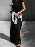 Summer Temperament Lazy Leisure Loose Solid Color Knitted Round Necker Shoulder Sleeve Short Sleeve Straight Dress Open Skirt 68HZ