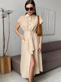 Summer New Commuter Collar Sleeveless Cotton Dress Temperament Elegant High-Waisted Long Dress Straight Skirt 68HZ