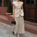 Spring And Summer Retro Temperament Cassette V-Neck Sleeveless Suit High-Waisted Trousers Fashion Casual Suit Women's Clothing 68HZ