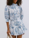 New Chinese Small Collar Printing Short-Sleeved Skirt Set 2025 Autumn Fashion New Two-Set Women 68HZ