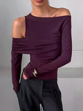 Hottie Slanted Shoulders Hollow Long-Sleeved Irregular T-Shirt Autumn Women's High-End Pure Desire To Repair The Temperament Top 68HZ