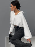 White Collar Sexy Open-Navel Design Sense Asymmetric Sleeve Shirt 2025 Autumn Fashion New Top 68HZ