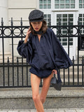 2026 Women's Blue Denim Set Loose Bubble Sleeve Shirt Shorts Two Sets 68HZ