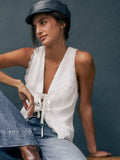 Summer Fashion New White Cotton Collar Lace Sexy Sleeveless Body-Claw Tie French Casual Vest Woman 68HZ
