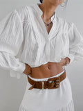2025 New Top Lady Autumn Lazy Wind French V Lace Lantern Sleeve Design Shirt 68HZ