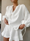 White Cotton-Song V-Neck Lantern Sleeves Of Loose Long-Sleeved Hot Pants Set 2025 Spring Fashion New Two-Piece Set 68HZ
