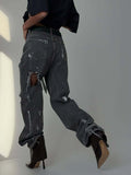 Naughty Graffiti-Smaught Jeans Women's Spring And Summer New Loose Straight Trousers Trendy Personality Hole-Hole Broad Leggings 68HZ