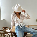 French Elegance Chiffon Print Autumn Body-Repair Sexy V-Neck Horn Sleeve With Lotus Leaf-Side Shirt Woman 68HZ