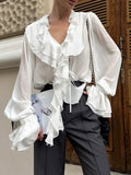 Autumn Women's Design Feel The Leaves Edge V Collar Long Sleeve Tie With Fashion French Shirt Woman 68HZ