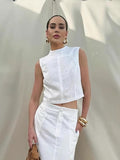 Spring And Summer New White Cotton Sleeveless Collar Top Open Loose Long Dress Two Sets Of Simple Commuter Suit Woman 68HZ