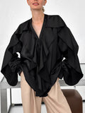 Black V-Necked Lotus Leaf Side Bubble Sleeves Of The Lady's Shirt 2025 Autumn And Winter Fashion New Top 68HZ