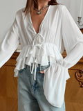 Fashion Chiffon Long-Sleeved Lace Lady Shirt Spring And Summer New Loose Comfortable Horn Sleeve Woman 68HZ