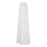 Vintage Cotton Women's Shoulderless Sleeveless Single Buckle 2025 Summer New Long Shirt Collar Dress 68HZ