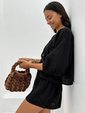 2025 French Autumn Bubble Wrinkled Casual Set Through Bubble Bubble Sleeve V Tie With High Waist Hot Pants Set 68HZ
