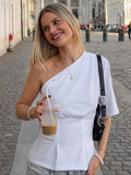 French White Irregularly Side-Sleeved Knitted T-Shirt 2025 Fashion New Woman 68HZ