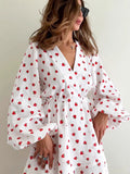 Spring 2025 New Strawberry Print V-Neck Lantern Sleeve Dress Fashion Tea Dress Woman 68HZ