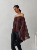 Autumn And Winter Fashion Retro Temperament Collar Brown Chiffon Loose Sexy Side-Leaf Shirt 68HZ