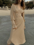 Fashion Design Sense V-Neck Dress 2025 Autumn Simple A-Dress Women's French Chiffon Mid-Long Dress 68HZ