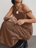 2025 Vintage Spring/Summer Casual Cotton Brown Irregular Collared Short-Sleeved Slimmed Sexy Dress 68HZ