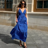 French Holiday Style Blue Cotton-Cotton V-Necked Ribbon Ribbon Dress 2025 New Long Dress 68HZ