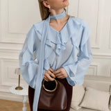 2025 Spring And Summer New Comfortable V Collar Lotus Side Long Sleeve Loose Shirt Design Sense Commuting Top 68HZ