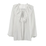 Spring And Summer New Loose V-Neck Lotus Leaf Side With Long-Sleeved Shirt Fashion Lantern Sleeve Simple Commuter Women's Clothing 68HZ