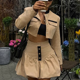 Autumn New Windwear Collar Short-Sleeved Umbilberry Skirt Set 2025 Fashion Two-Piece Women 68HZ