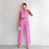 Summer Fashion Casual Set Cotton And Cotton Pure Color Loose Sexy Sleeveless Trousers Simple Two-Set Women 68HZ
