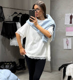 2026 Summer Lazy Lace Side Splicing Belly Cover Short-Sleeved T-Shirts For Women's Summer Design With A Thin Top 68HZ