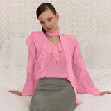 2025 Spring And Summer New Comfortable V Collar Lotus Side Long Sleeve Loose Shirt Design Sense Commuting Top 68HZ