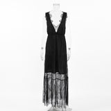 2025 Sexy Black Lace Temperament Dress With Sexy V-Neck Loose-Back Women's Dress 68HZ