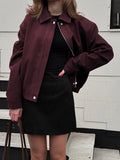 2025 Autumn Wine Red Collar Long-Sleeved Coat Women Slimming Trend High Street Leather Jacket 68HZ