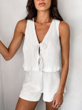 White Bubble Choppers With Sleeveless Backpack Hot Pants Set 2025 Spring/Summer Fashion New Two-Sleeve 68HZ