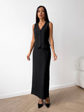 Temperament Black Mystery V-Neck Sleeveless Vest Long Open Skirt Set Summer Sexy Casual Commuter Women's Clothing 68HZ