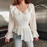 2025 Women's New Style Elegant Long-Sleeved Lotus Leafy Chiffon Autumn Irregular Top 68HZ