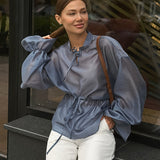 High Sense Morandi Color Waist Thin Tie With Lotus Leaf Side Long Sleeves Of Filament French T-Shirt 2025 Autumn Women's Clothing 68HZ