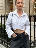 Autumn 2025 New Women's Cotton Women's Shirt Pocket Decoration Casual Short Top 68HZ